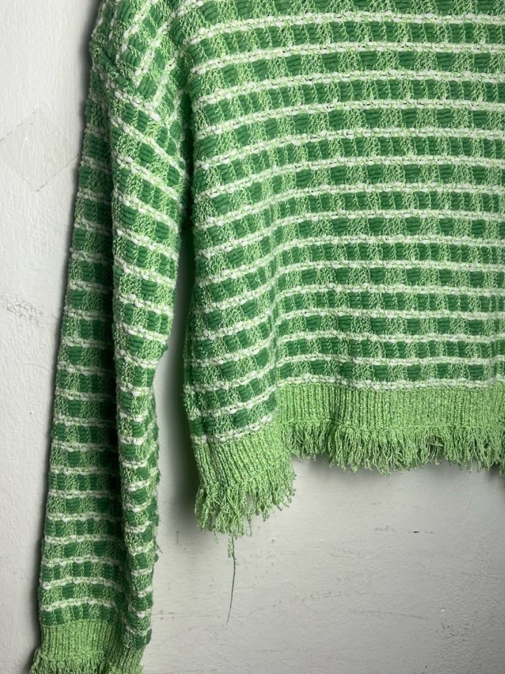 ZARA Green Striped Distressed Cropped Sweater Frayed Hem Knit Top - Picture 6 of 14